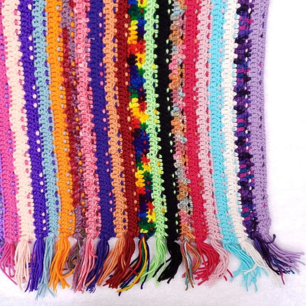 Handmade Multicolor Crochet Knit Blanket 35x60 Boho Retro Fringe Throw‎